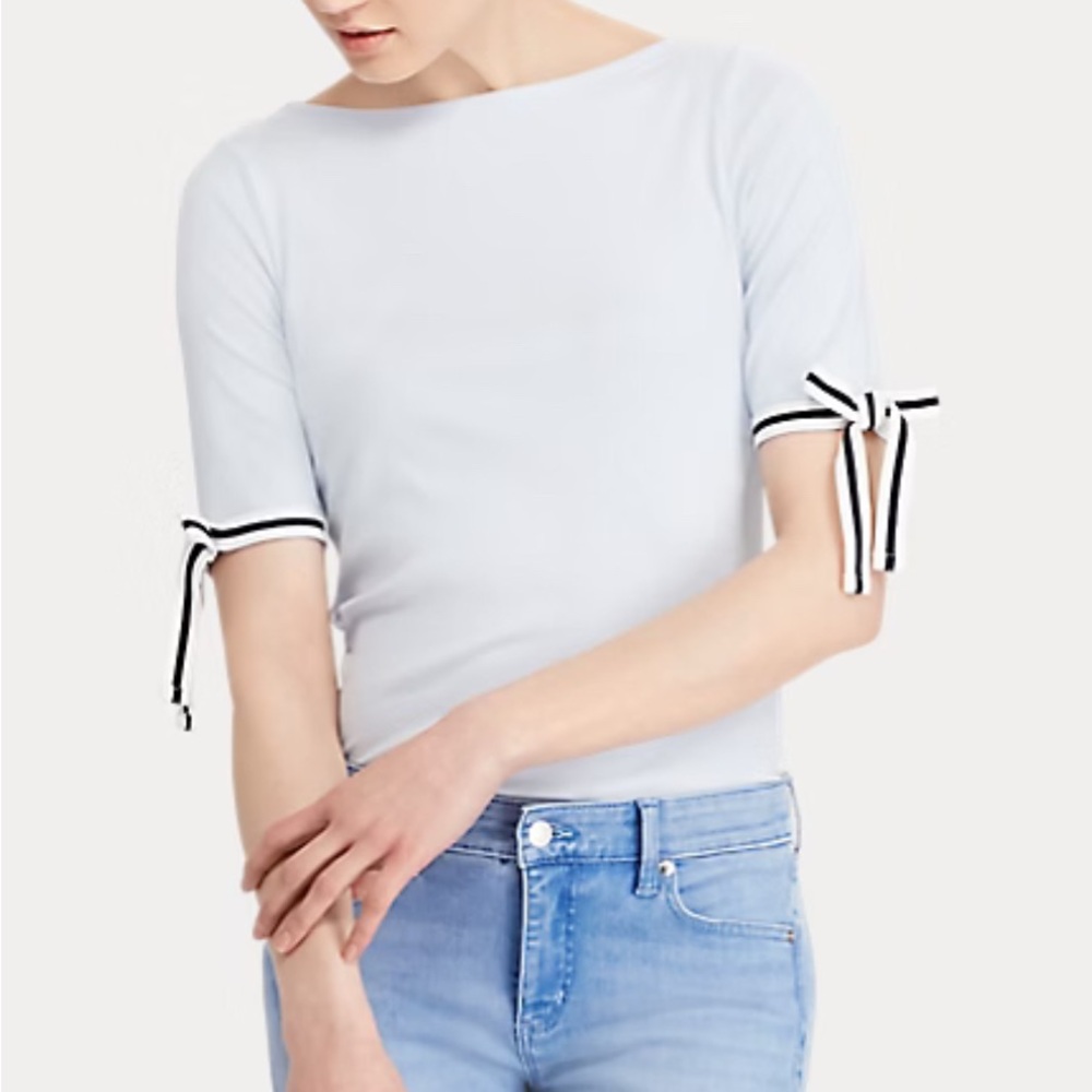 Ralph Lauren White Short Sleeve Tee with Black-Trim Sleeve Ties